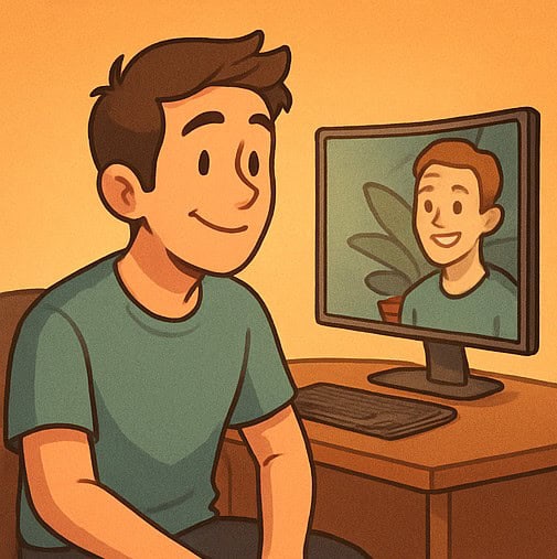 Ilustrasi seorang pria tersenyum puas sambil melihat monitor.