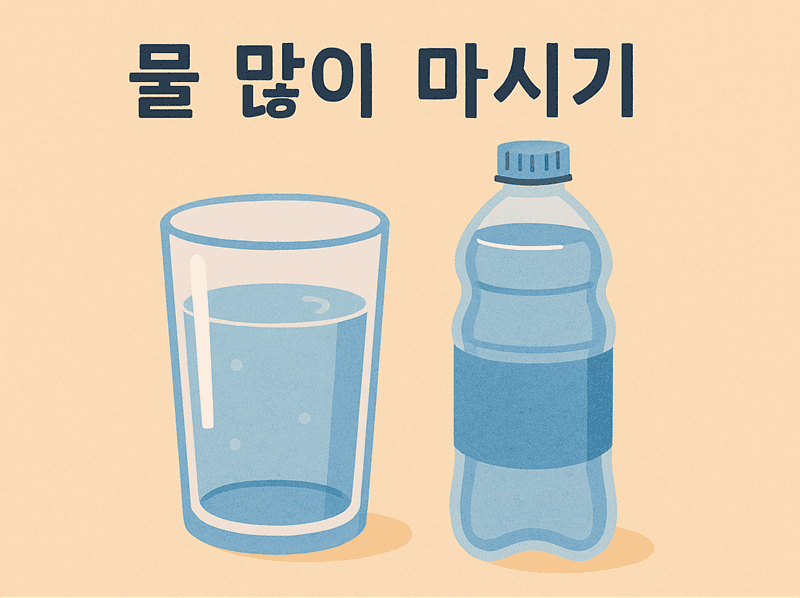 가득 채워진 물 컵과 그 옆에는 생수 병이 있다.