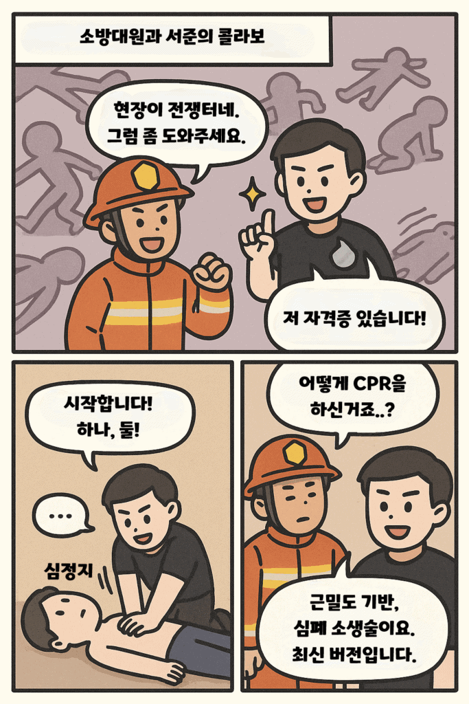 소방관을 도우며 심폐소생술을 하는 주인공이지만, 환자가 심정지해 버린 유머 이미지.