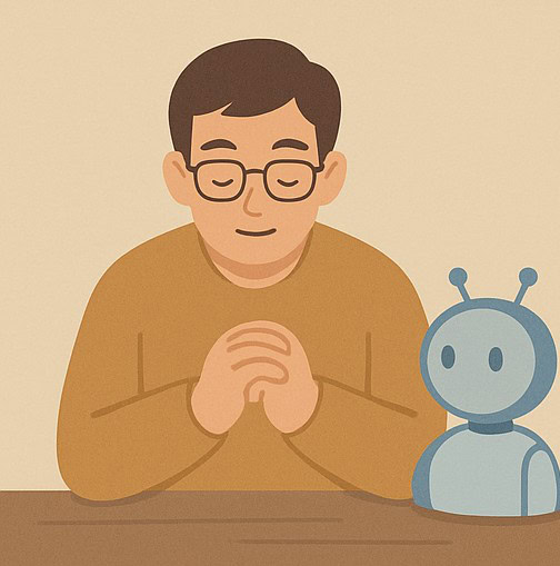 感謝の心で祈りを捧げている男性とその隣で両目を丸くしている人工知能ロボット。