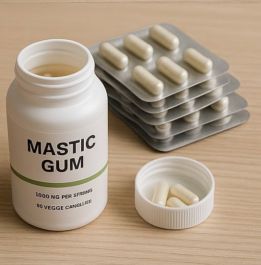 Tablet yang dikemas, botol suplemen, dan kapsul yang diletakkan secara terpisah.