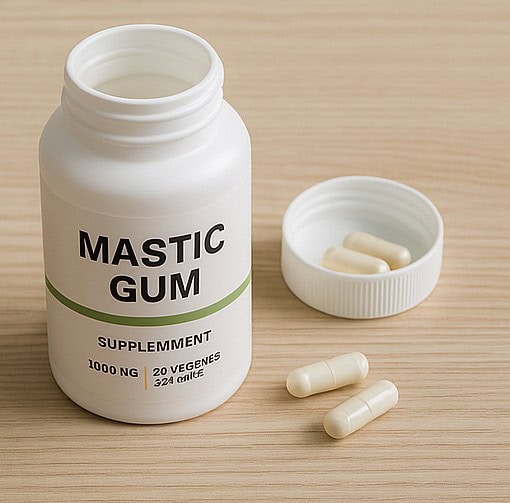 Botol suplemen bertuliskan 'MASTIC GUM' dan kapsul di sampingnya.