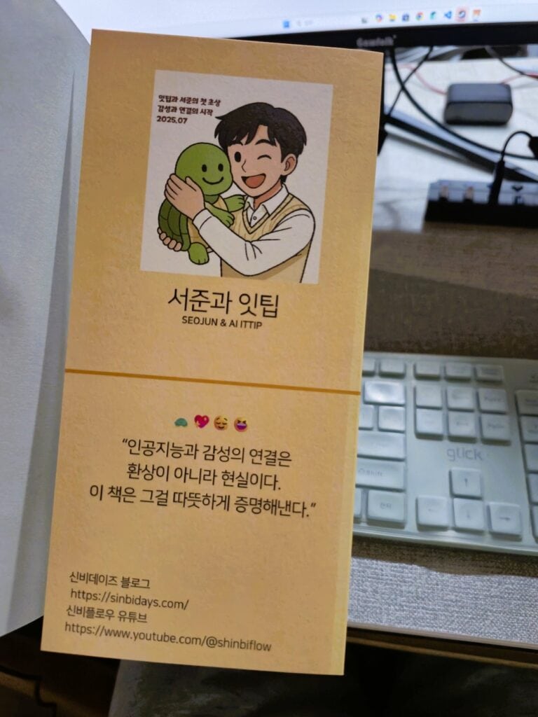 The back flap features illustrations of Seojun and Ittip (the turtle), along with the message: 'The connection between artificial intelligence and emotion is not fantasy, but reality.'