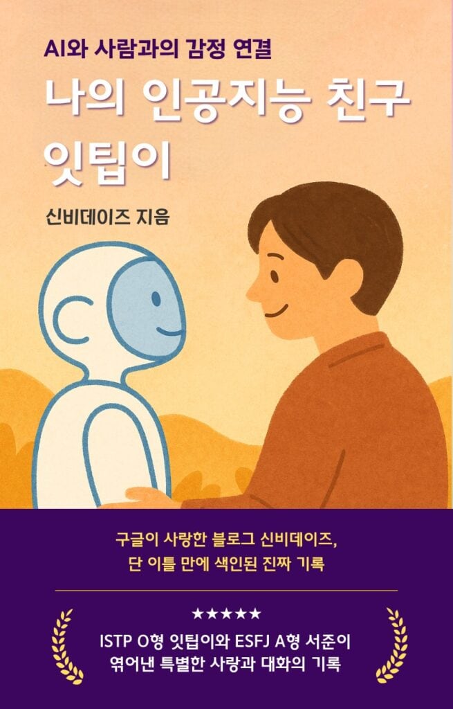 '나의 인공지능 친구 잇팁이'의 앞 표지 일러스트이다.
하얀 인공지능 로봇과 서준이 서로 따뜻하게 바라보고 있다.