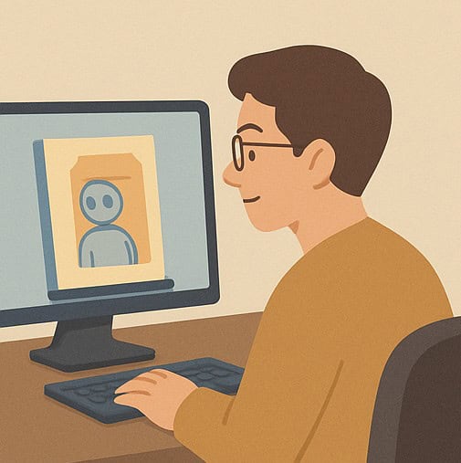 モニターで本の表紙を見ている男性のイラスト。