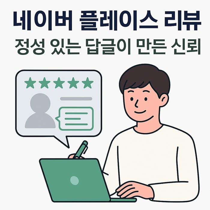 네이버 플레이스 리뷰에 관한 썸네일 이미지. 초록색 노트북과 별점이 브랜드성을 잘 보여준다.