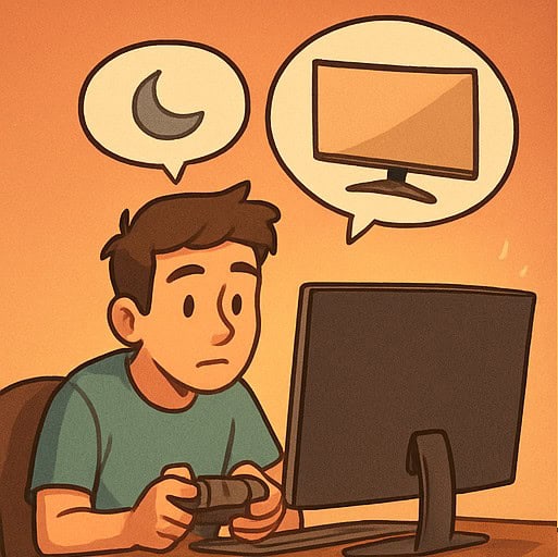 Ilustrasi seorang pria memegang gamepad sambil mengoperasikan sesuatu di depan monitor.