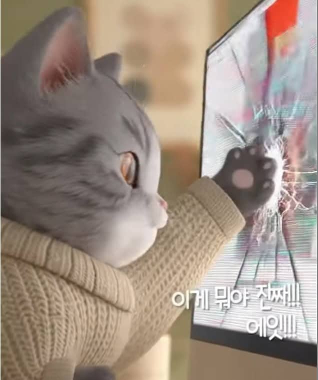 귀여운 회색 고양이가 모니터를 주먹으로 부수고 있는 장면.
