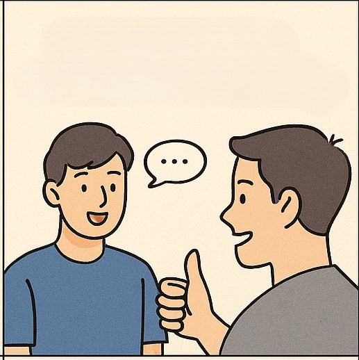 형으로 보이는 남성이 동생에게 엄지를 들며 웃고 있는 일러스트.
