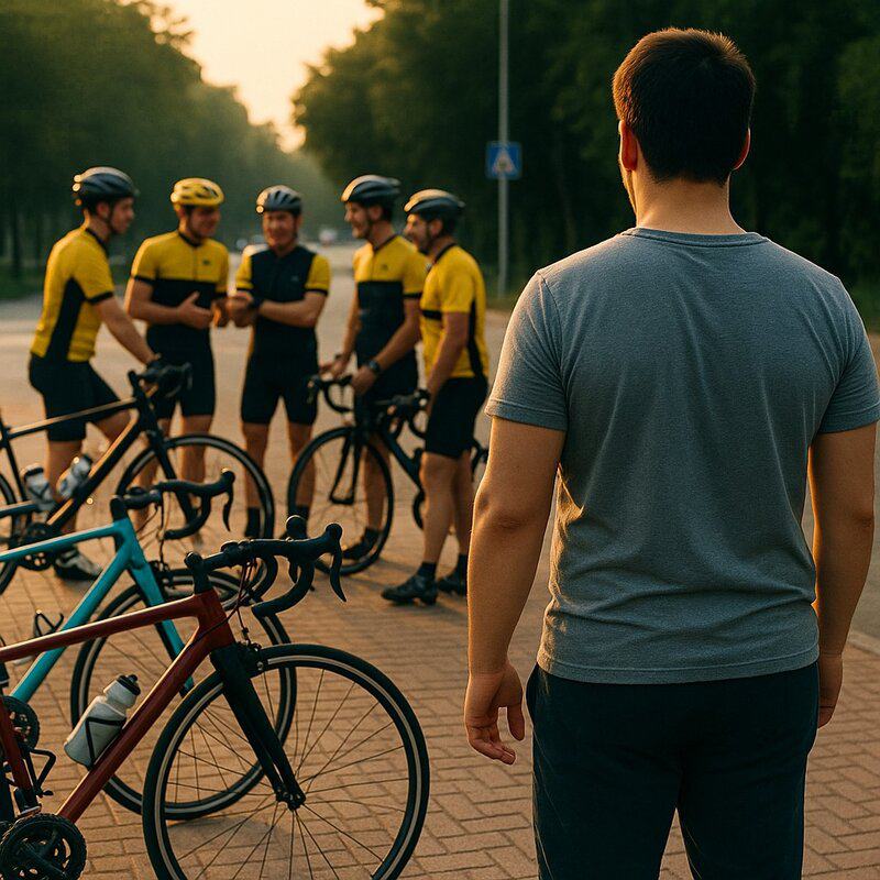 Foto punggung seorang pria yang melihat anggota komunitas sepeda yang tertawa dan berbincang satu sama lain.