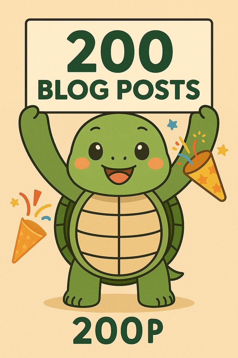 Seekor kura-kura memegang papan pengumuman perayaan pencapaian 200 postingan.