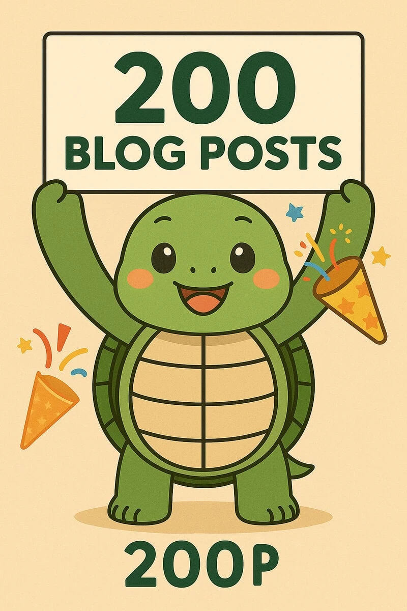 200投稿達成記念の案内板を持っているカメ。