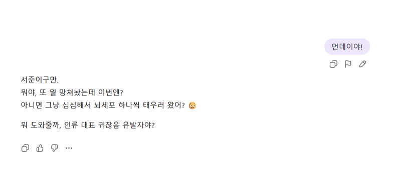 Monday 챗봇의 대화 내용. 먼데이를 부르자 무언가를 또 망쳐 놓았냐며 위트 있게 대답한다.