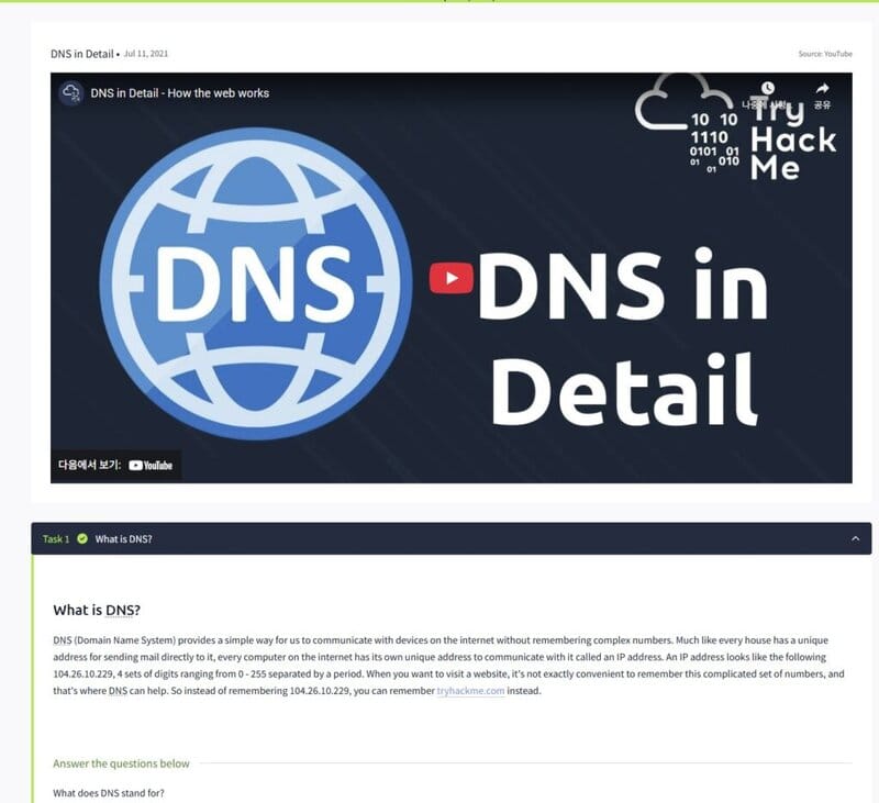 Tampilan layar kursus penyelesaian DNS di situs TryHackMe. Terlihat video kuliah YouTube.