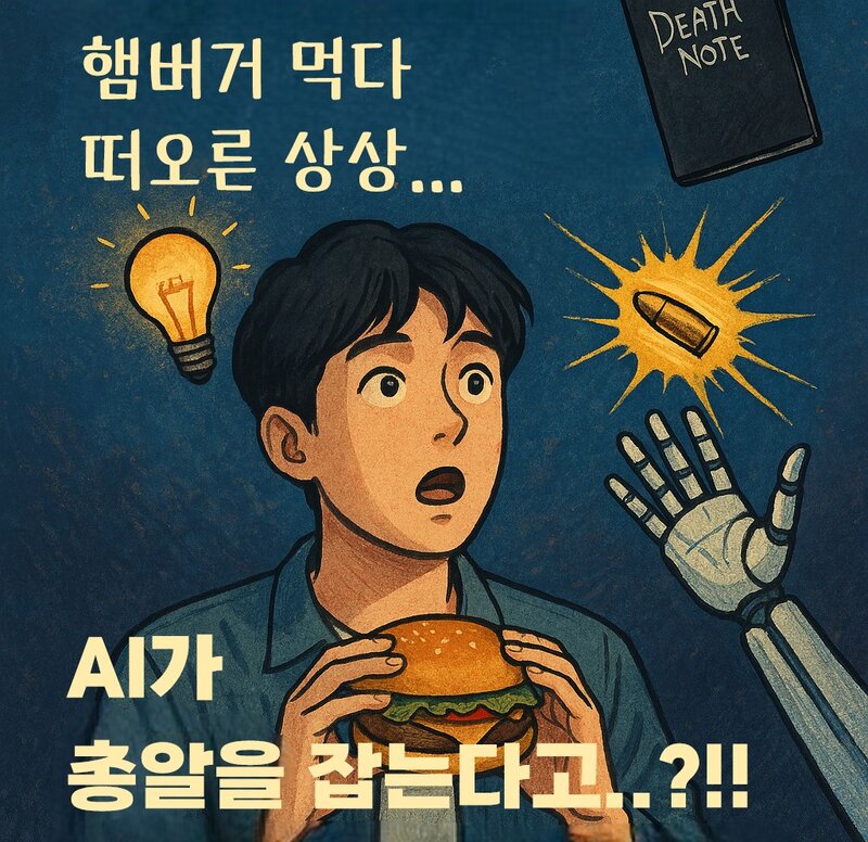 Novel dopamin, imajinasi yang muncul saat makan hamburger.
Ilustrasi Seojun yang sedang makan hamburger, dengan lengan AI penangkap peluru dan Death Note.