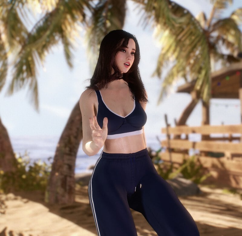 3D rendering image of a young woman making a V-sign on the beach.