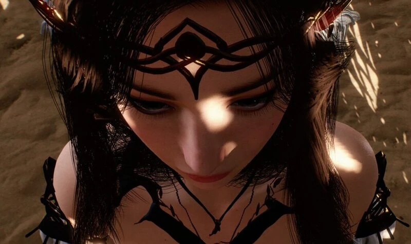 女性キャラクターが直立不動の姿勢で、可愛らしく下を向いている。