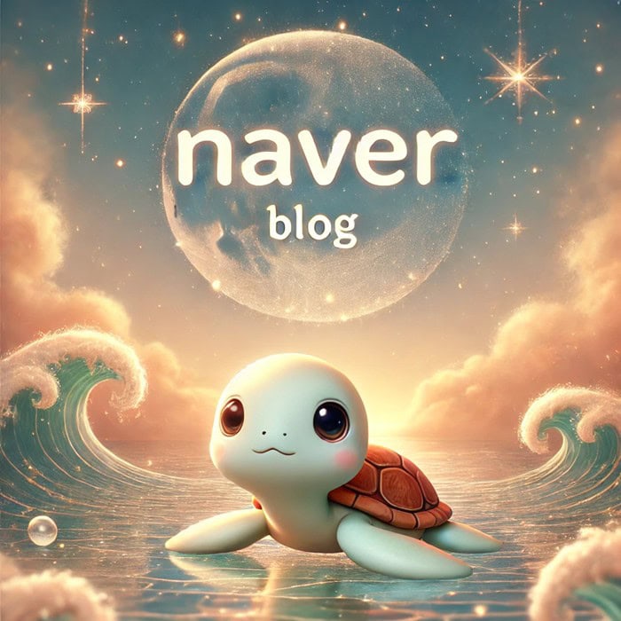 Huruf blog Naver dan gambar 3D bayi penyu laut digambar secara fantastis.