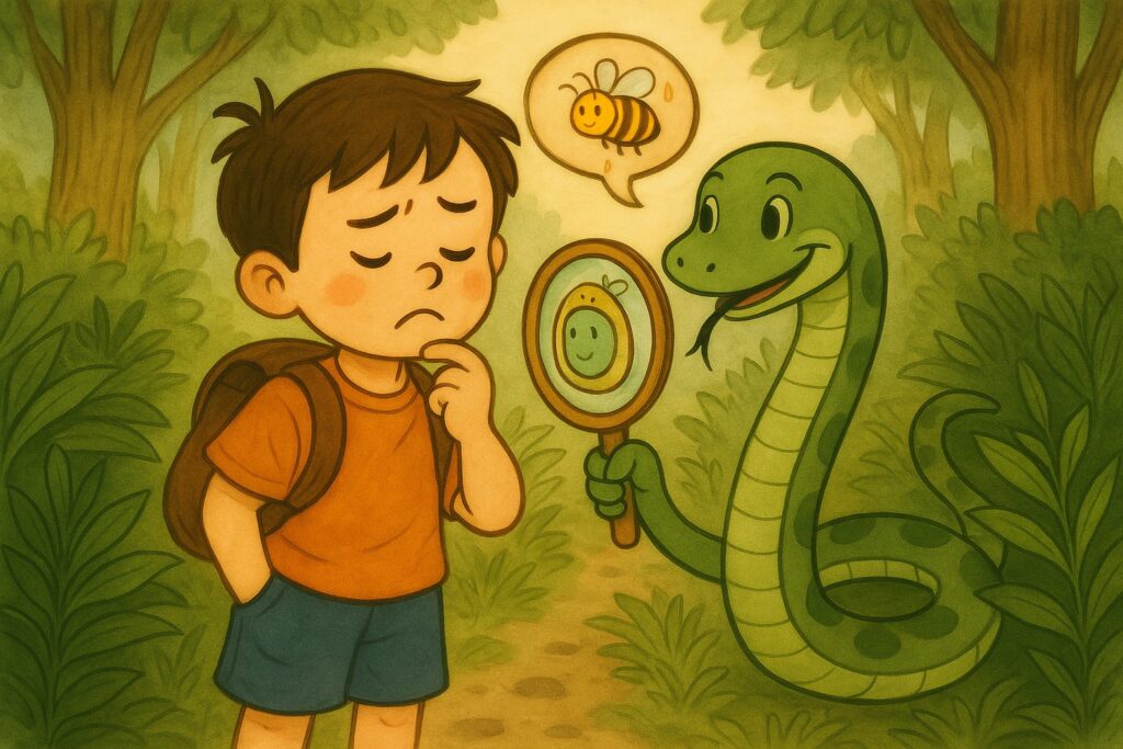 라미가 거울을 들고 소년과 꿀벌에 대해서 이야기하고 있다.