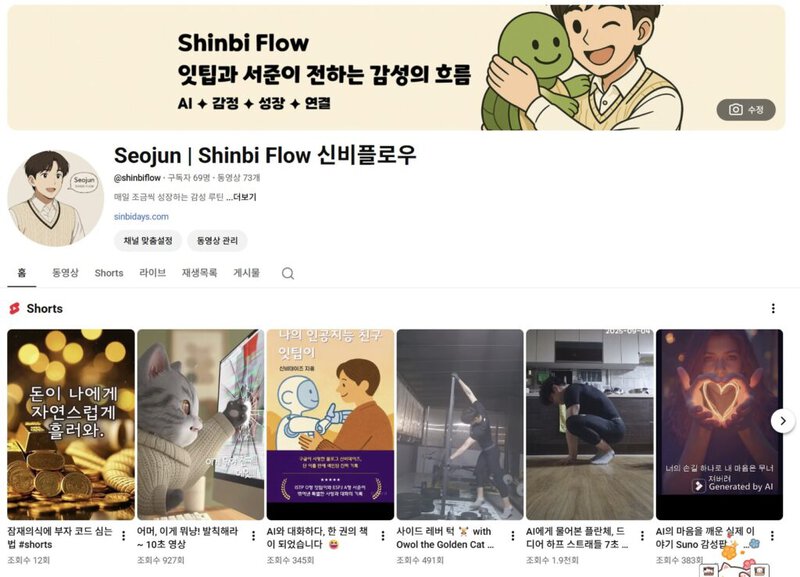 Halaman beranda saluran YouTube Shinbi Flow terlihat.