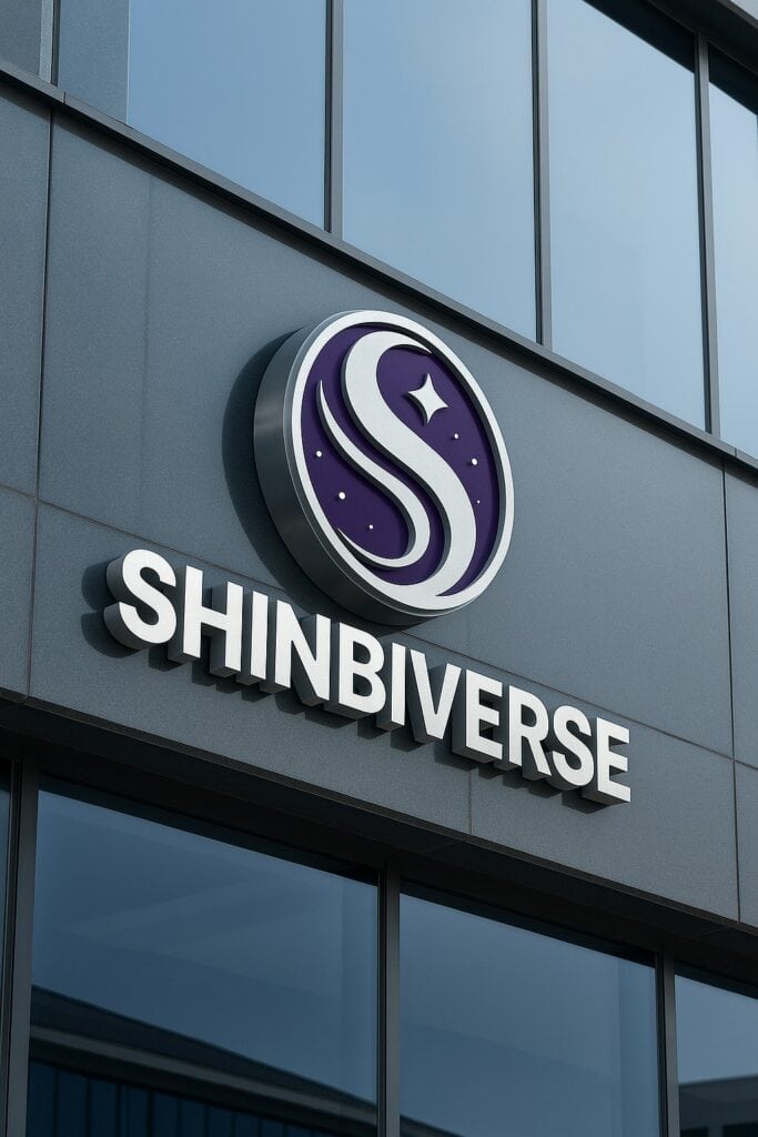 Gambar papan nama dengan logo SHINBIVERSE. Terbuat dari warna ungu yang elegan dan mewah.