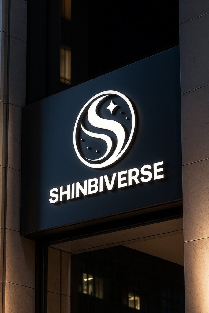 Papan nama logo Shinbiverse dengan pola berwarna putih.