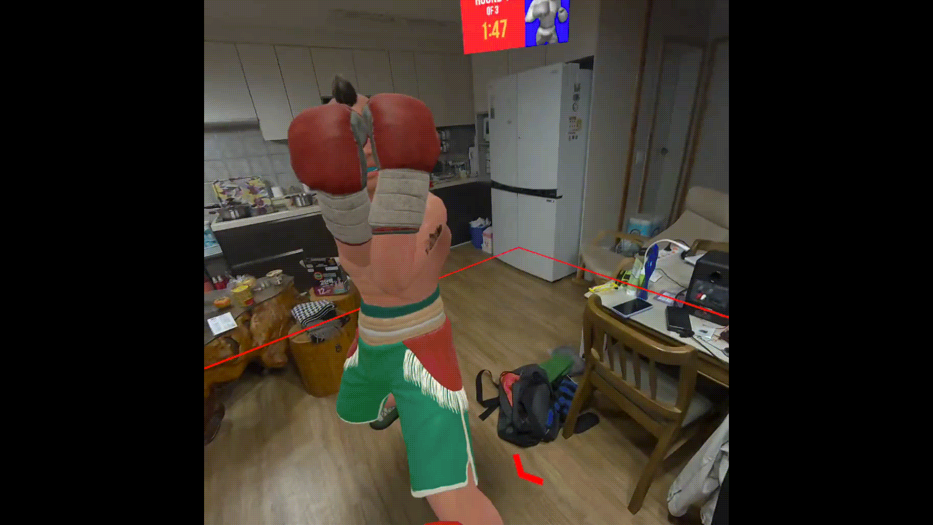 ダッキングを反対方向にしてパンチを流した後、連続カウンターでKOさせるシーン。