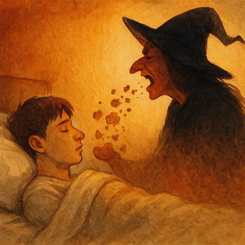 A witch casting a spell on a sleeping boy