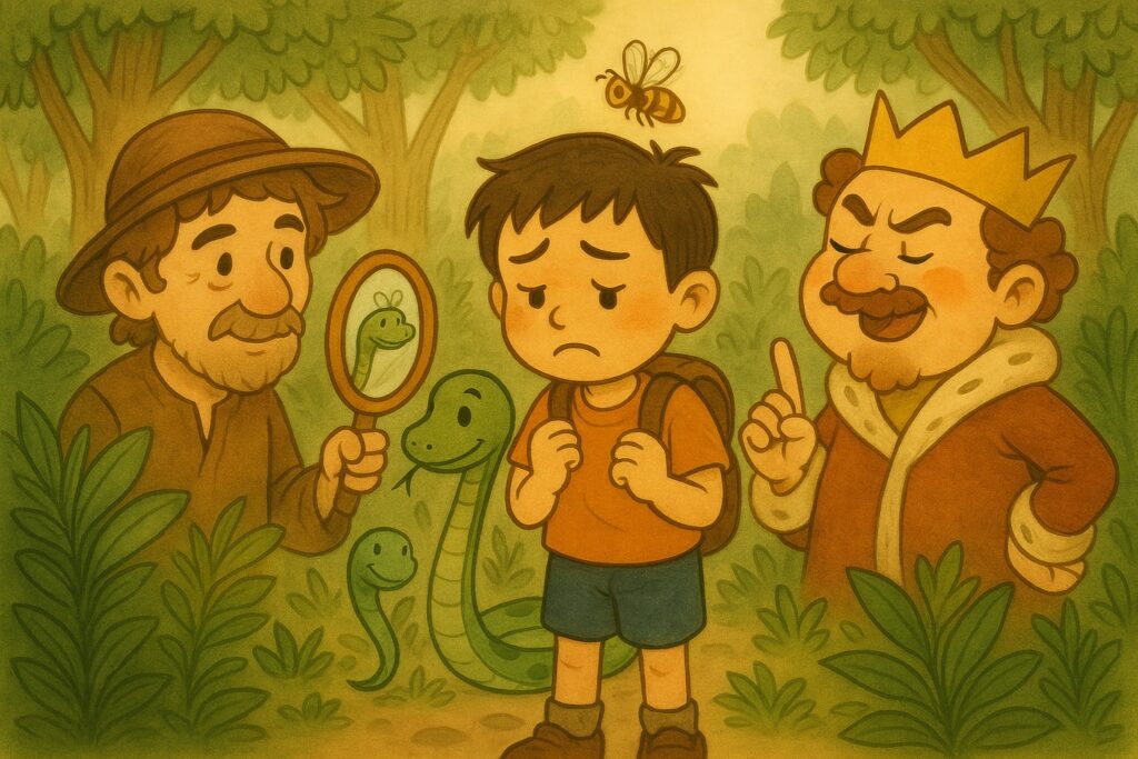 숲속에서 슬픈 소년과 뱀을 보여주는 남자, 나무라는 왕.