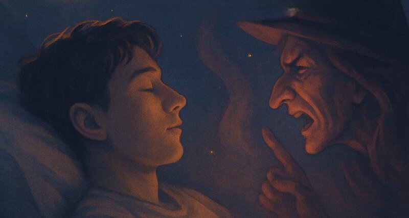 The witch forcing something and the man sleeping.