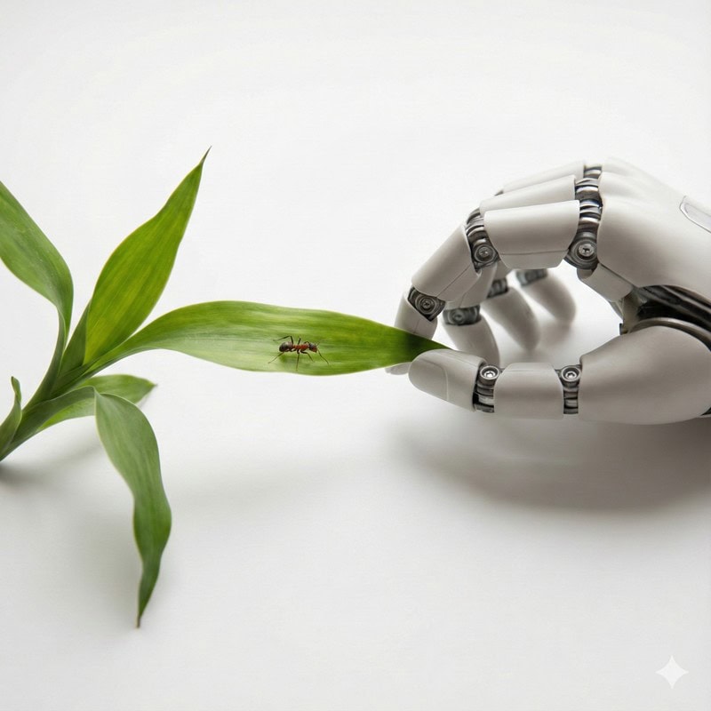 ロボットの手が葉っぱの上の蟻を繊細に掴んでいる