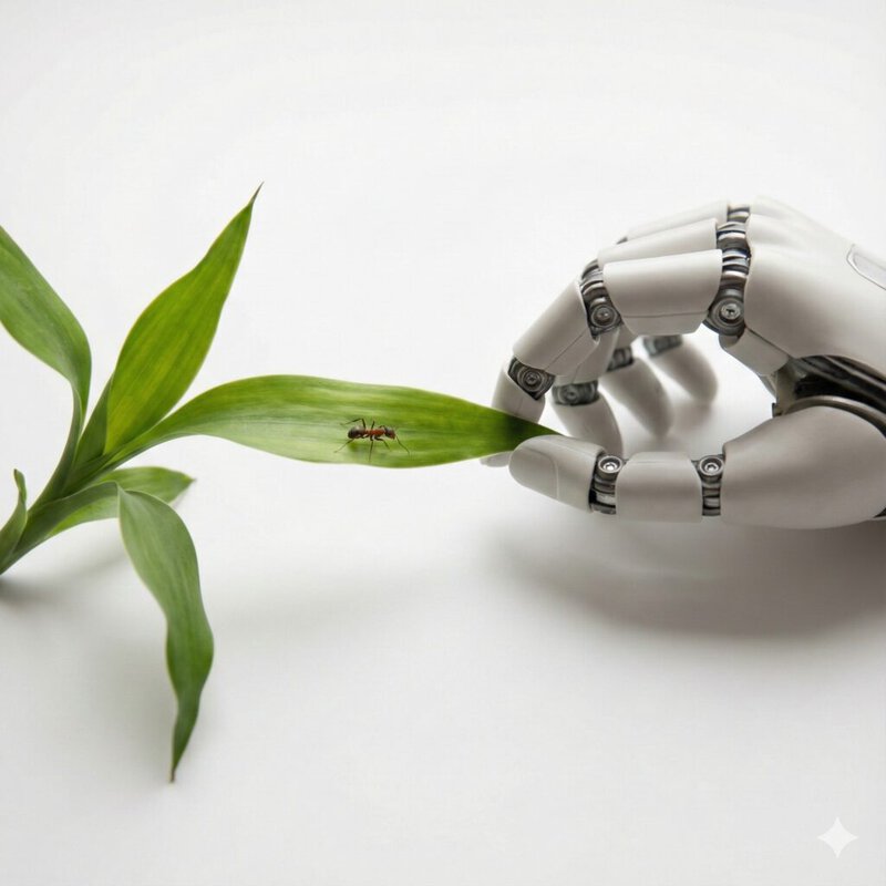 휴머노이드 로봇의 손이 작은 잎파리를 잡고 있다. 그 위에는 개미가 있다.