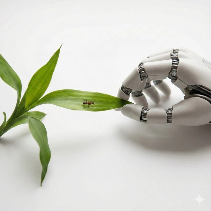 ヒューマノイドロボットの手が小さな葉を掴んでいる。その上にはアリがいる。