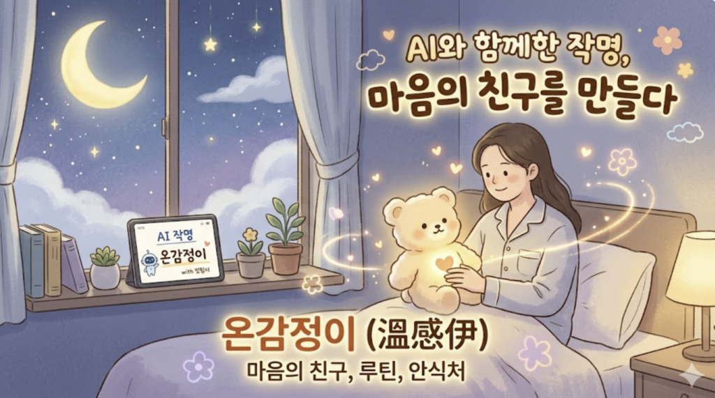 An illustration of a warm and cozy bedroom. On a night with a crescent moon and stars shining outside the window, a woman sits on the bed, smiling as she holds a warm teddy bear with a glowing heart on its chest (symbolizing 'Ongamjeongi').