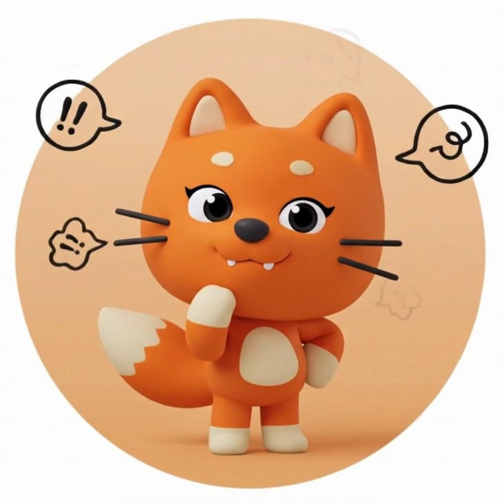 A cute orange cartoon fox character thinking and expressing emotions.