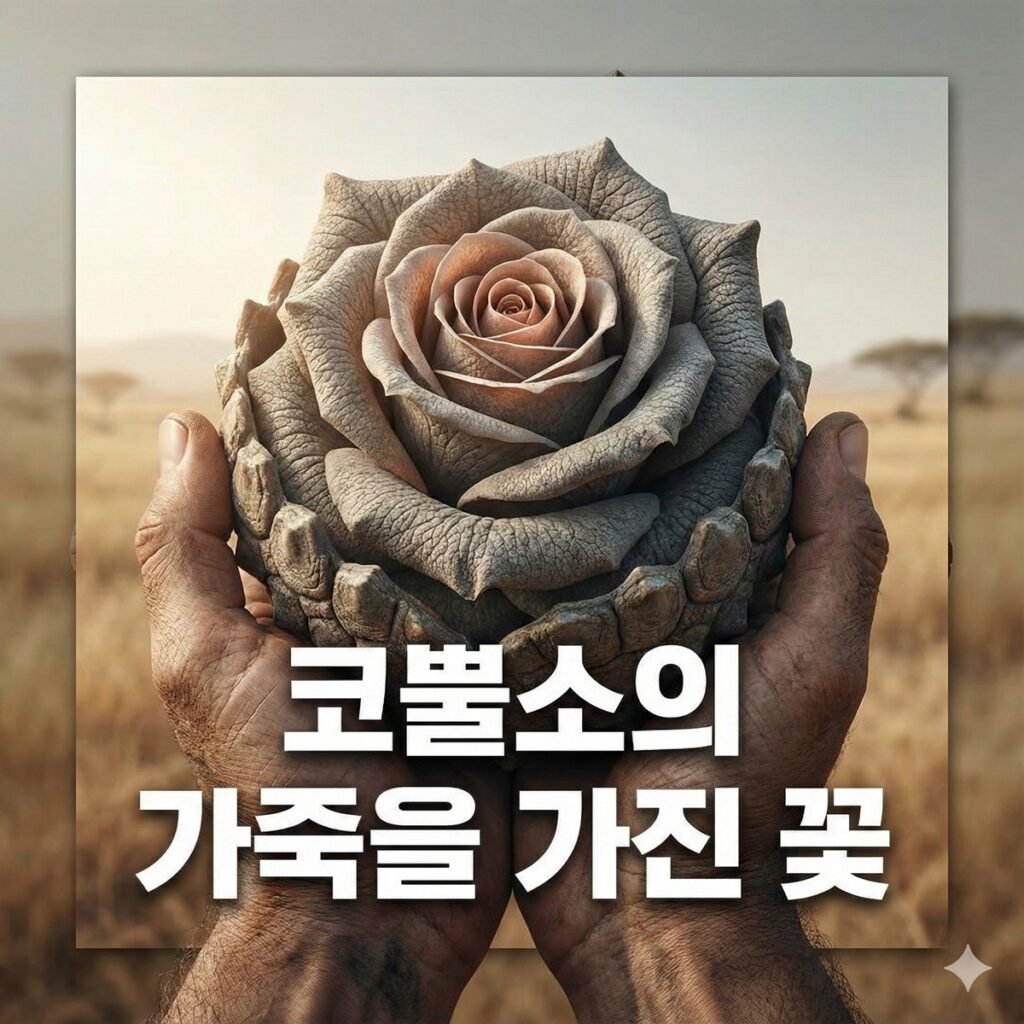 코뿔소 가죽 질감의 꽃을 두 손으로 들고 있는 모습. 사막 배경.