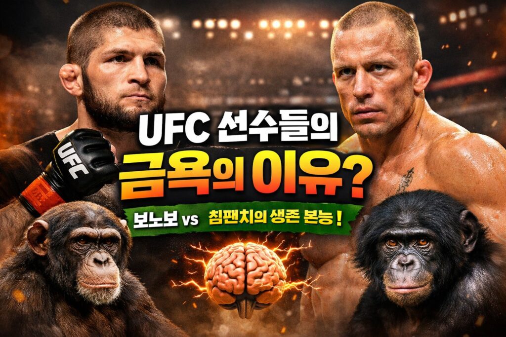 UFC 선수들의 금욕과 유인원의 생존 본능을 다룬 이미지