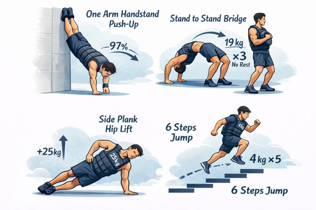 I illustrated today's routine: One-arm handstand push-up 1.5 reps, Stand-to-stand bridge (19kg), Side plank hip lift (25kg), 6-stair jump (4kg).