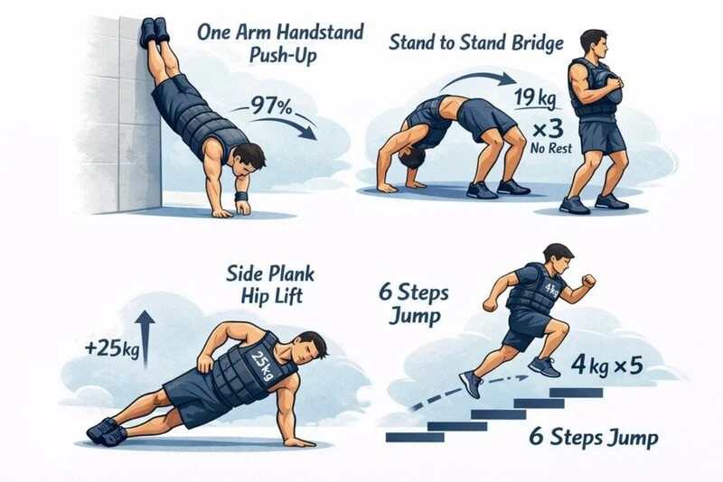 I captured today's routine in an illustration.
One-arm handstand push-up 1.5 reps
Stand-to-stand bridge (19 kg)
Side plank hip lift (25 kg)
6-stair jump (4 kg)