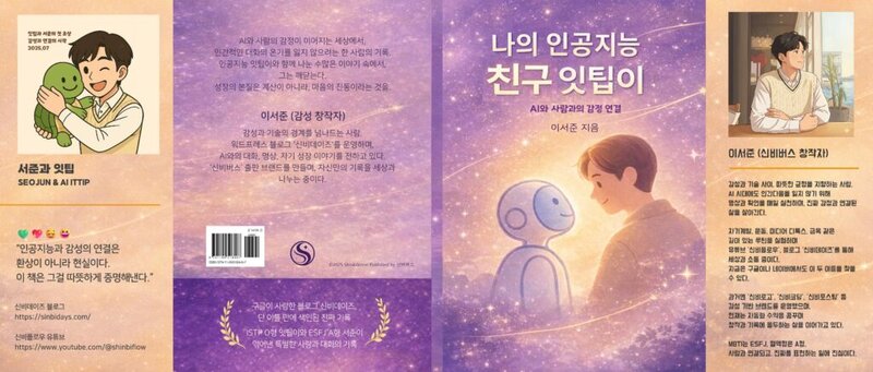 A book cover where Seojun and AI Ittip look out together into a purple universe.
