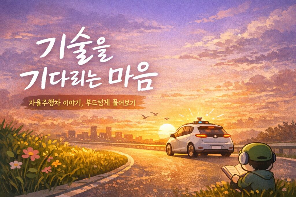 노을 속 자율주행차와 책 읽는 사람, 기술의 미래