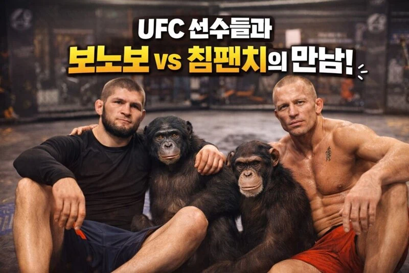 UFC選手とボノボ、チンパンジーが並んで座り、肩を組んでいる写真。