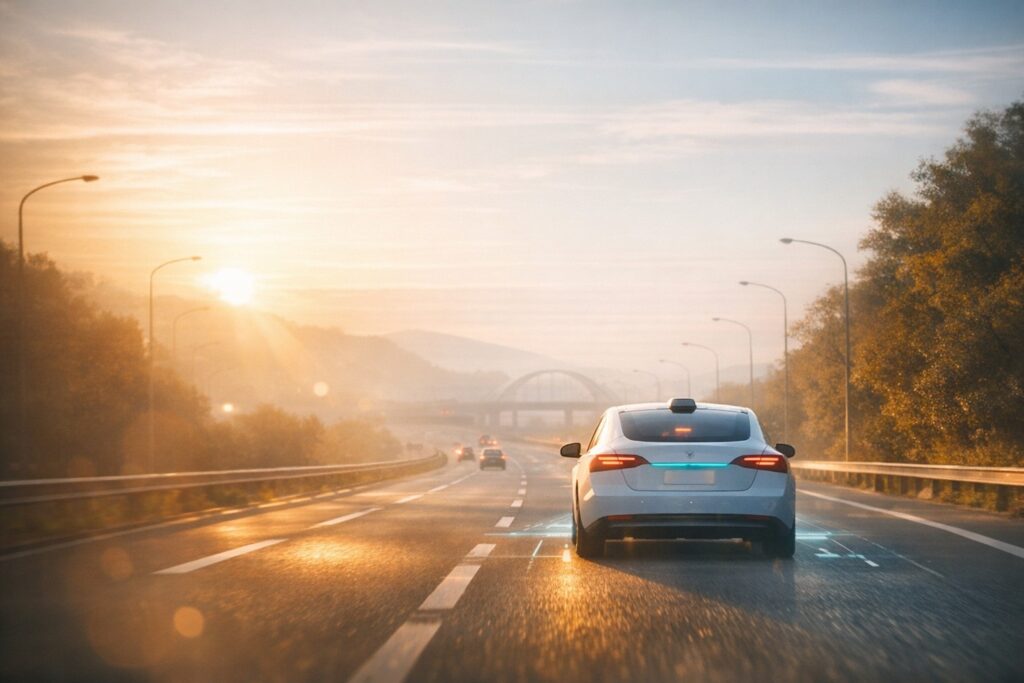 暖かい日差しが降り注ぐ道路を走る自動運転車。