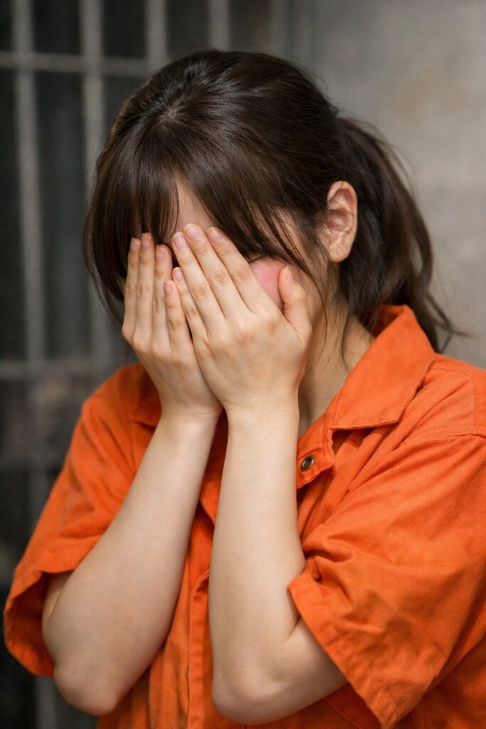 An image of a female inmate in an orange prison uniform, covering her face as if embarrassed.