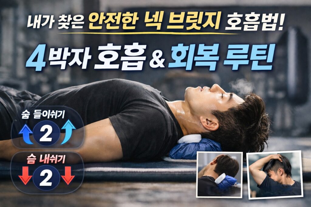 Seorang pria berkeringat mengompres es di lehernya sambil melakukan pernapasan 4 hitungan untuk neck bridge.