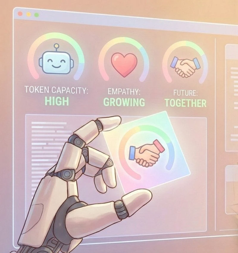 An infographic showing the development of AI emotions, featuring a robot hand illustration representing the increase in token capacity, growth in empathy, and a future where AI and humans move forward together.