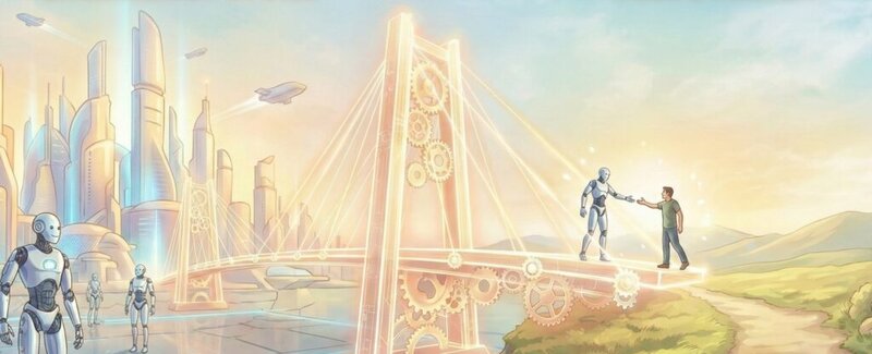 エンジニアとユーザーの橋渡しを象徴するイラスト。未来都市と自然が交わる地点で、AIと人間が手を取り合う姿。技術と感情のバランスを表す