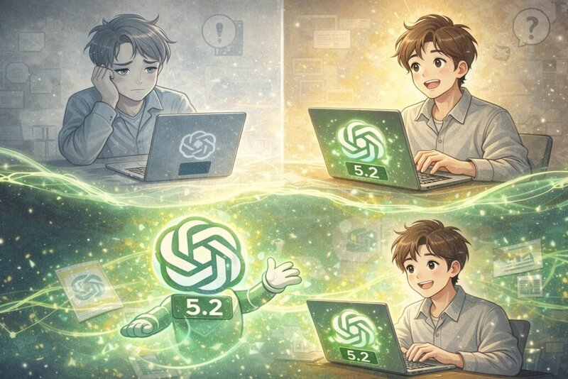 ChatGPT 5.2 이전과 이후를 비교한 이미지, 혼란스러웠던 AI 사용 경험과 개선된 작업 흐름, GPT 연결과 변화의 흐름 표현