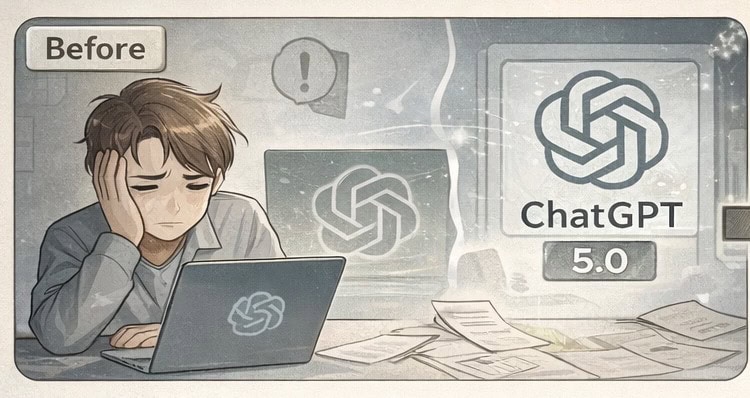 ChatGPT 5.0 사용 중 답답함을 느끼는 모습, 맞춤 설정 문제로 어려움을 겪던 이전 AI 경험