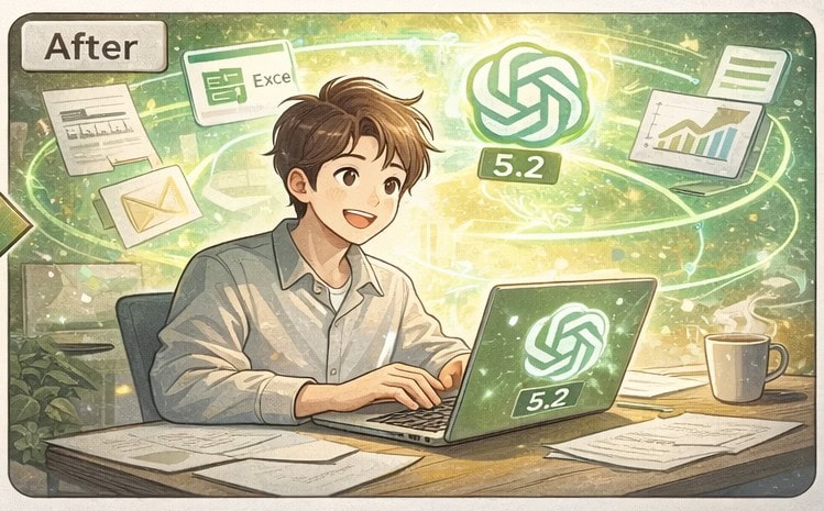 ChatGPT 5.2로 작업 효율이 높아진 모습, 집중력과 생산성이 향상된 AI 활용 장면